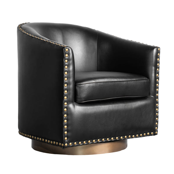 Black |#| Classic Club Style Chair with 360° Swivel Base and Nail Trim - Black LeatherSoft