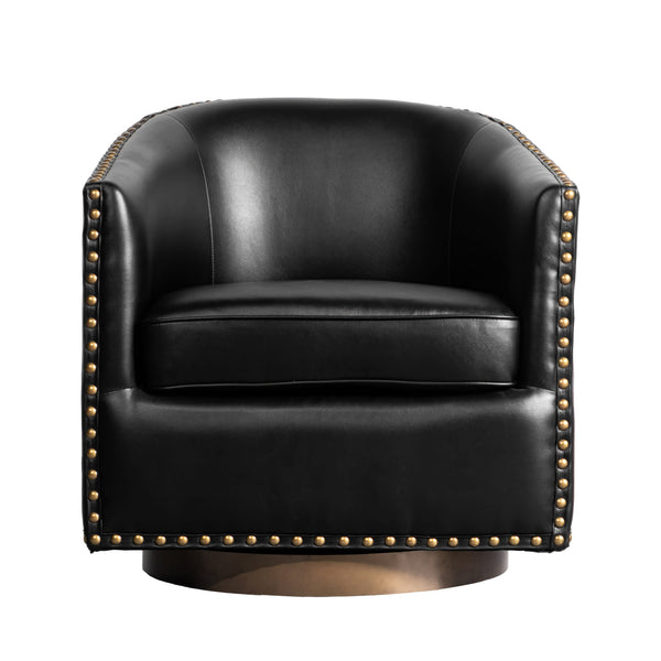 Black |#| Classic Club Style Chair with 360° Swivel Base and Nail Trim - Black LeatherSoft