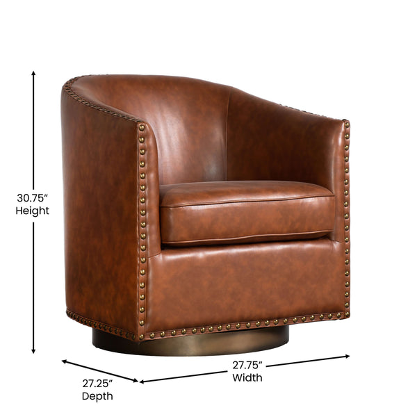 Brown |#| Classic Club Style Chair with 360° Swivel Base and Nail Trim - Brown LeatherSoft