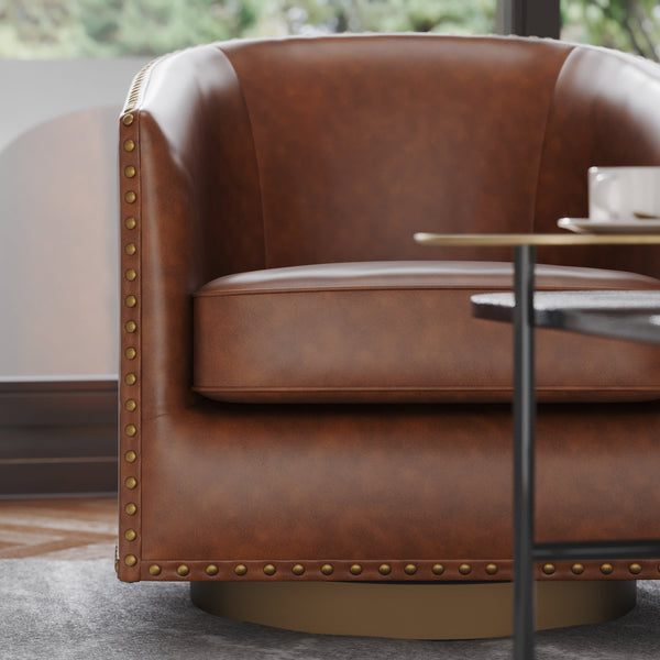 Brown |#| Classic Club Style Chair with 360° Swivel Base and Nail Trim - Brown LeatherSoft