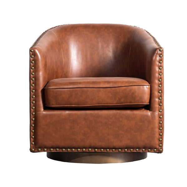 Brown |#| Classic Club Style Chair with 360° Swivel Base and Nail Trim - Brown LeatherSoft
