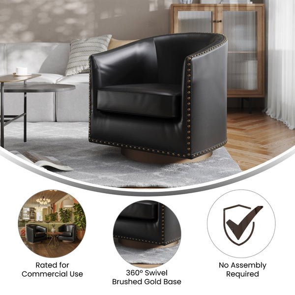 Black |#| Classic Club Style Chair with 360° Swivel Base and Nail Trim - Black LeatherSoft