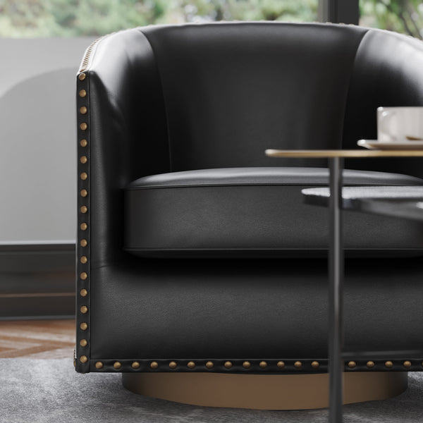 Black |#| Classic Club Style Chair with 360° Swivel Base and Nail Trim - Black LeatherSoft