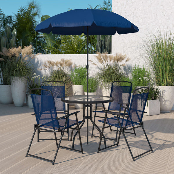 Navy |#| 6 Piece Navy Patio Garden Set with Umbrella Table and Set of 4 Folding Chairs