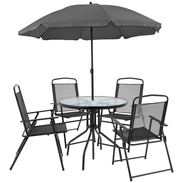 Black |#| 6 Piece Black Patio Garden Set with Umbrella Table and Set of 4 Folding Chairs