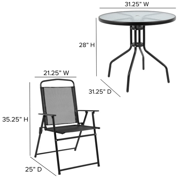 Black |#| 6 Piece Black Patio Garden Set with Umbrella Table and Set of 4 Folding Chairs