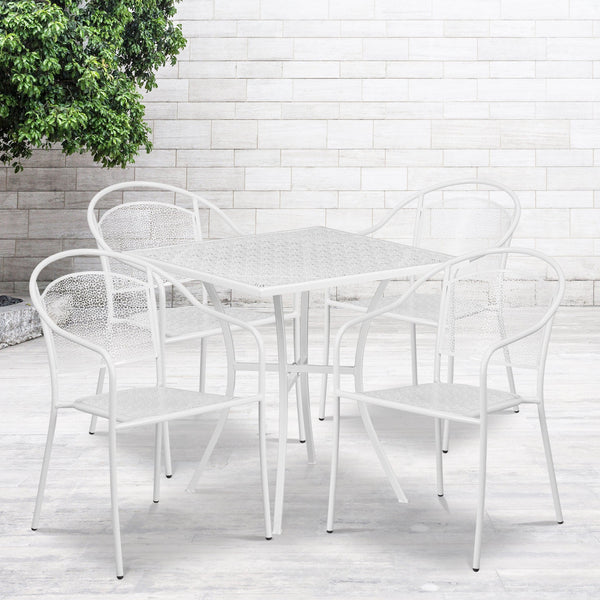 White |#| 28inch Square White Indoor-Outdoor Steel Patio Table Set with 4 Round Back Chairs