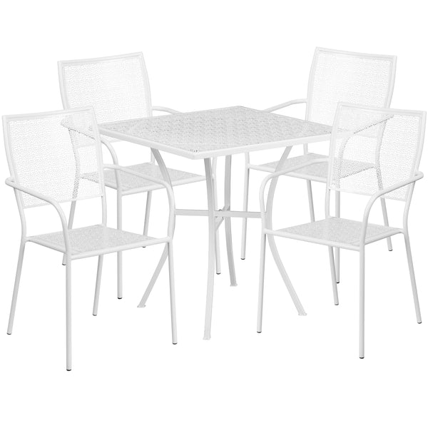 White |#| 28inch Square White Indoor-Outdoor Steel Patio Table Set with 4 Square Back Chairs