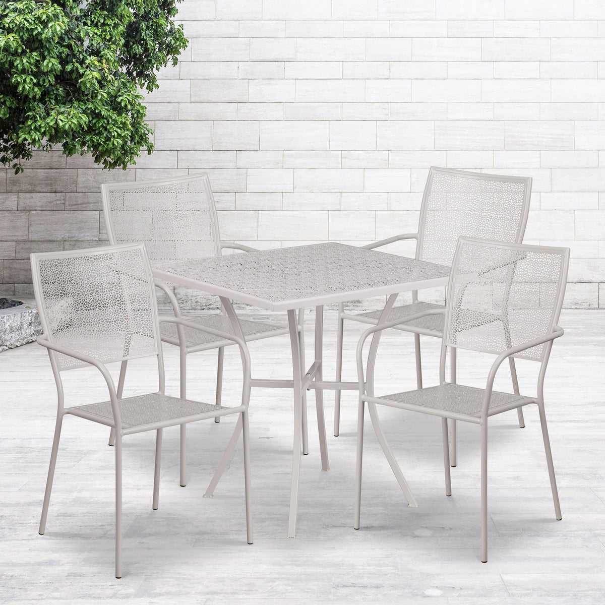 Light Gray |#| 28inch Square Lt Gray Indoor-Outdoor Steel Patio Table Set - 4 Square Back Chairs