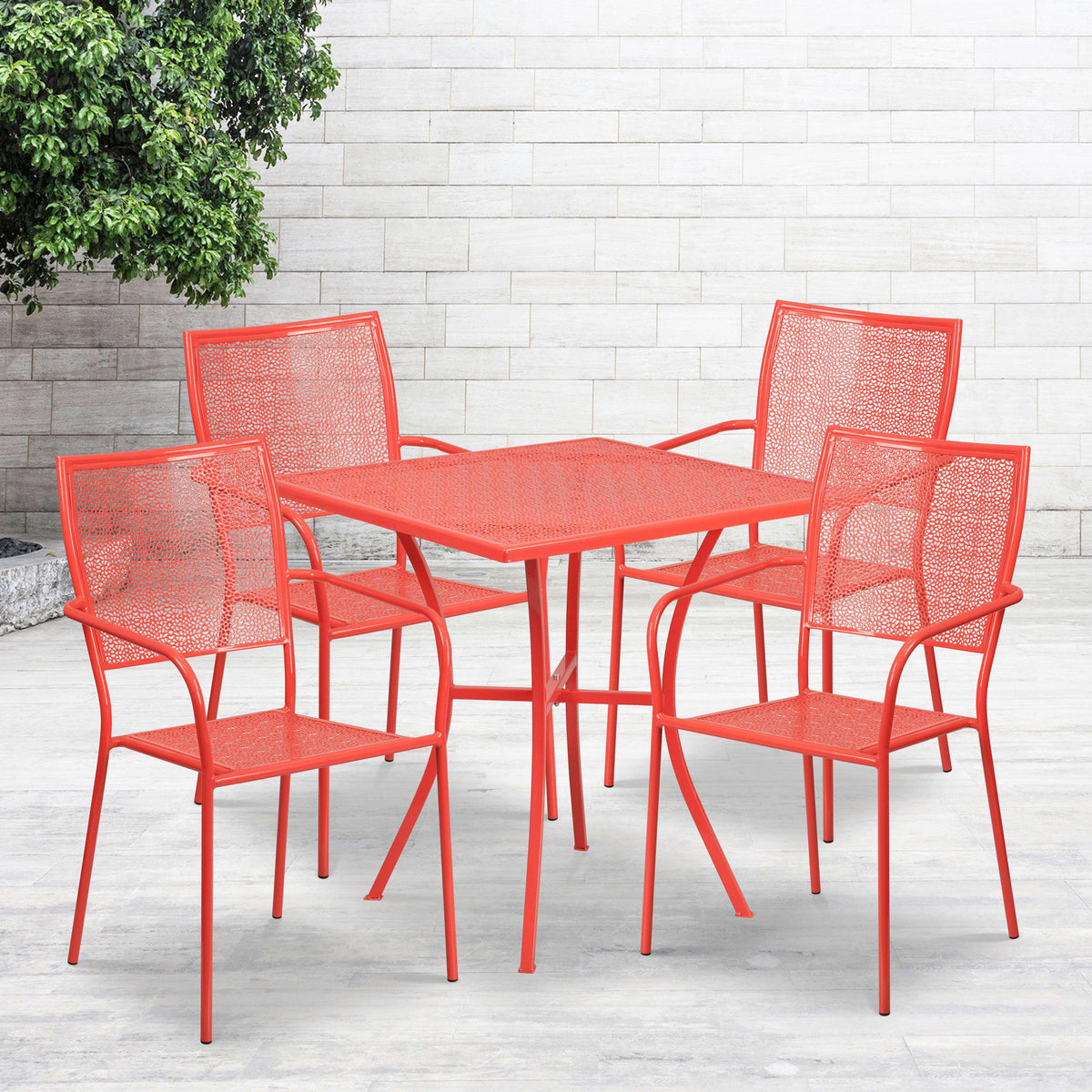 Coral |#| 28inch Square Coral Indoor-Outdoor Steel Patio Table Set with 4 Square Back Chairs
