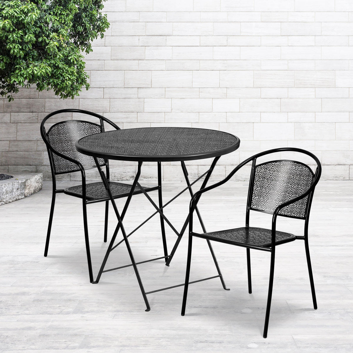 Black |#| 30inch Round Black Indoor-Outdoor Steel Folding Patio Table Set with 2 Chairs