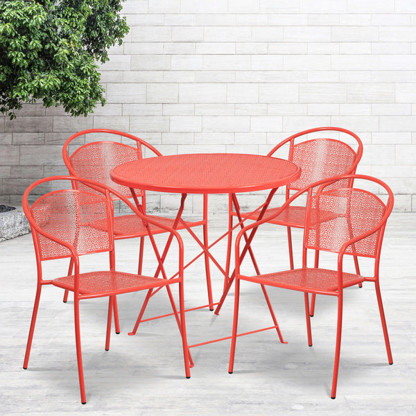 Coral |#| 30inch Round Coral Indoor-Outdoor Steel Folding Patio Table Set with 4 Chairs