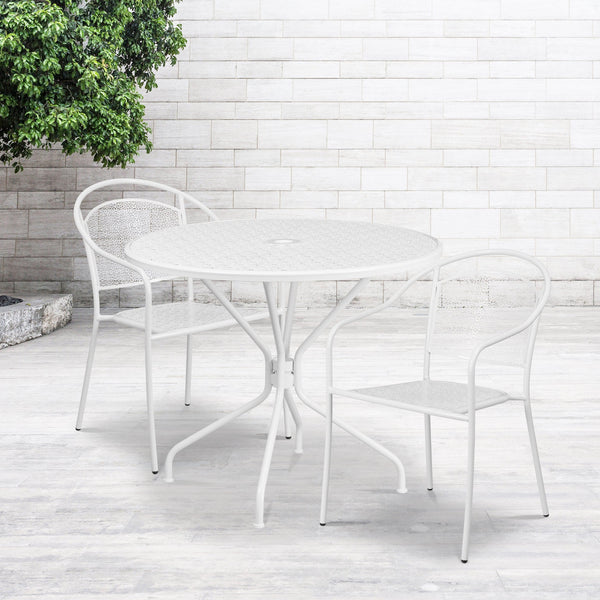 White |#| 35.25inch Round White Indoor-Outdoor Steel Patio Table Set with 2 Round Back Chairs