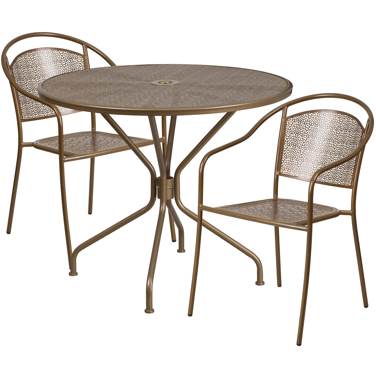 Gold |#| 35.25inch Round Gold Indoor-Outdoor Steel Patio Table Set with 2 Round Back Chairs