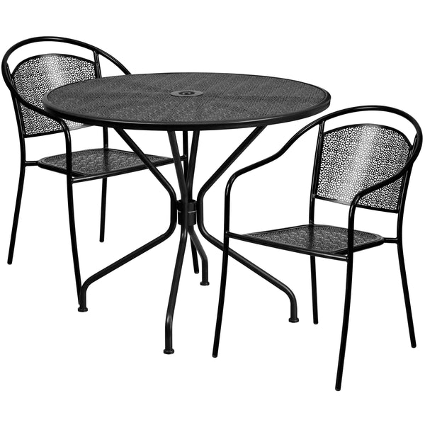 Black |#| 35.25inch Round Black Indoor-Outdoor Steel Patio Table Set with 2 Round Back Chairs