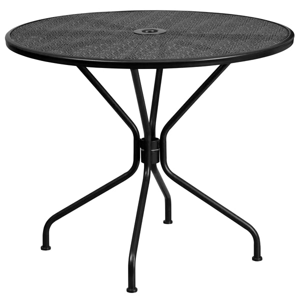 Black |#| 35.25inch Round Black Indoor-Outdoor Steel Patio Table Set with 2 Round Back Chairs
