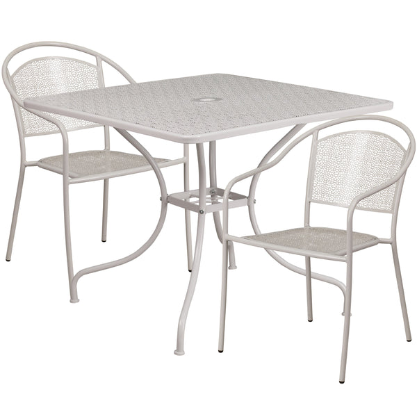 Light Gray |#| 35.5inch Square Lt Gray Indoor-Outdoor Steel Patio Table Set w/ 2 Round Back Chairs