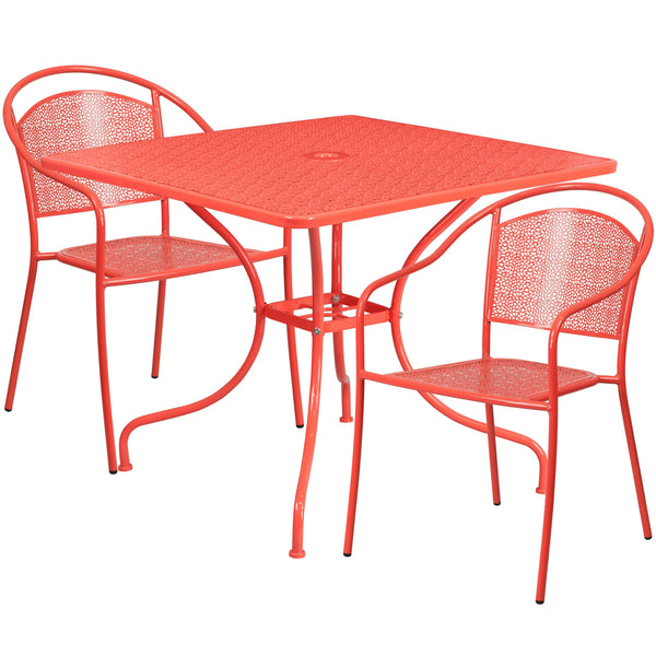 Coral |#| 35.5inch Square Coral Indoor-Outdoor Steel Patio Table Set w/ 2 Round Back Chairs
