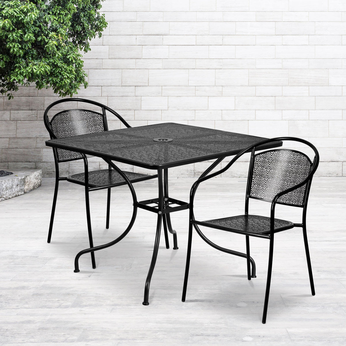 Black |#| 35.5inch Square Black Indoor-Outdoor Steel Patio Table Set w/ 2 Round Back Chairs
