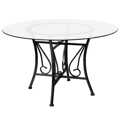 Princeton 48'' Round Glass Dining Table with Curl Accent Matte Metal Frame - View 1