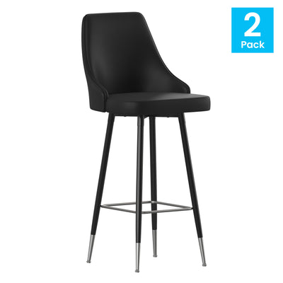 Shelly Set of 2 Commercial LeatherSoft Bar Height Stools with Solid Black Metal Frames and Chrome Accented Feet and Footrests