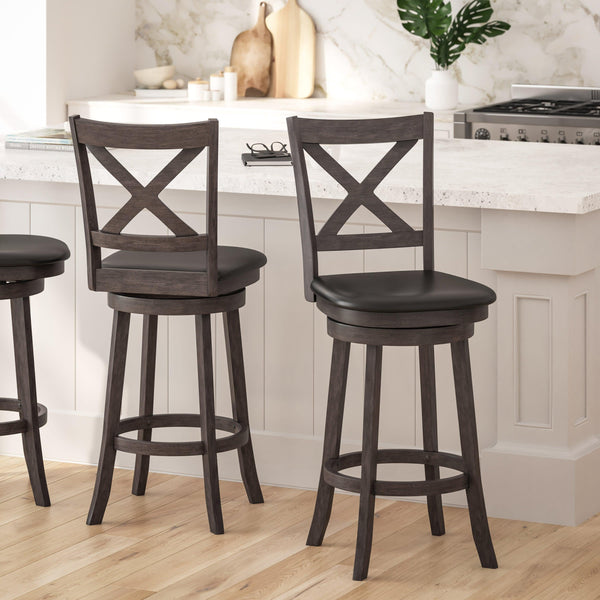 Black Vinyl/Gray Wash Walnut Frame |#| 30inch Crossback Wooden Swivel Stool - Padded Seat-Gray Wash/Black Faux Leather