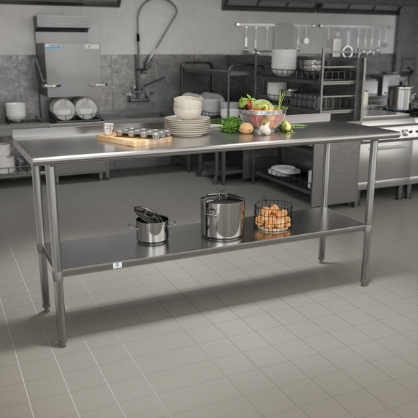 72"W x 30"D |#| Stainless Steel 18 Gauge Work Table with Backsplash and Shelf, NSF - 72"W x 30"D