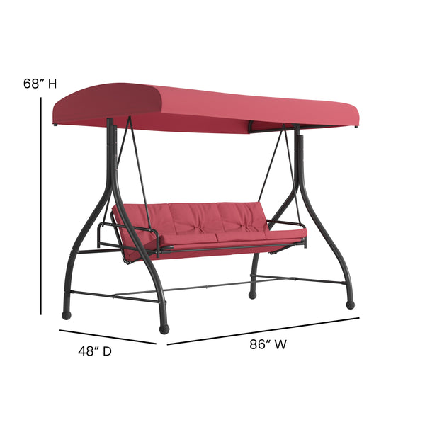 Maroon |#| 3-Seat Outdoor Steel Converting Patio Swing and Bed Canopy Hammock in Maroon