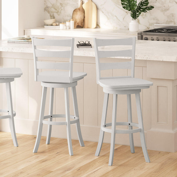 White Wash |#| Commercial Antique White Wash Wood Ladderback Swivel Bar Stool with Footrest