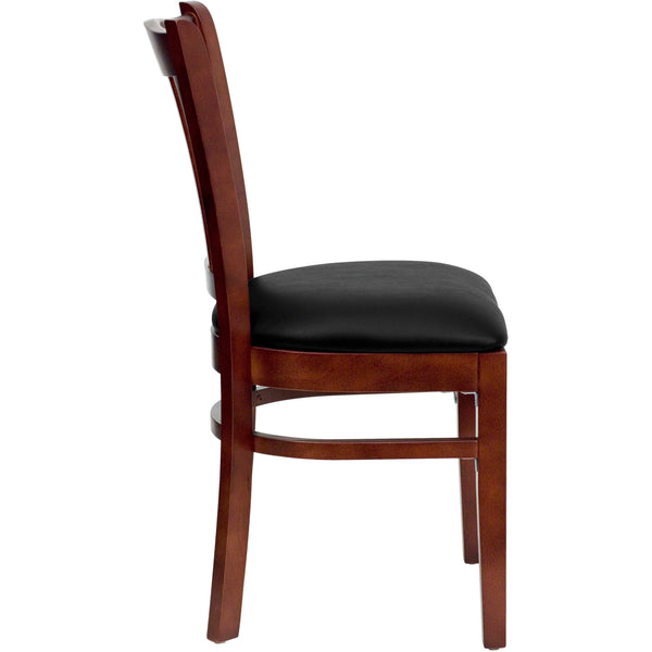 Black Vinyl Seat/Mahogany Wood Frame |#| Vertical Slat Back Mahogany Wood Restaurant Chair - Black Vinyl Seat