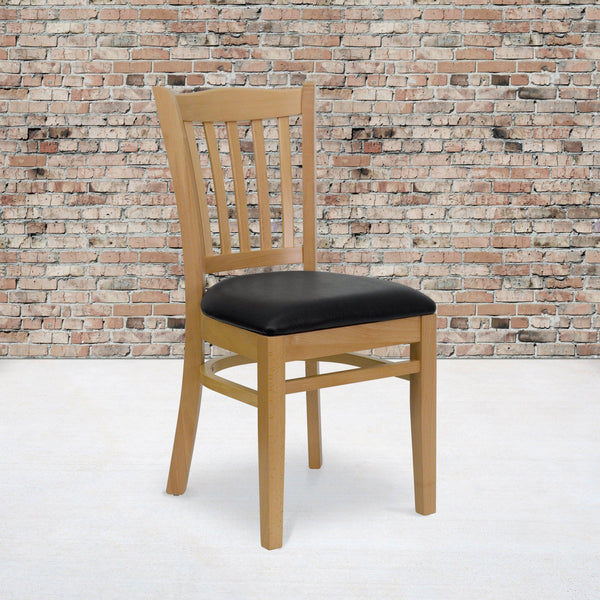 Black Vinyl Seat/Natural Wood Frame |#| Vertical Slat Back Natural Wood Restaurant Chair - Black Vinyl Seat