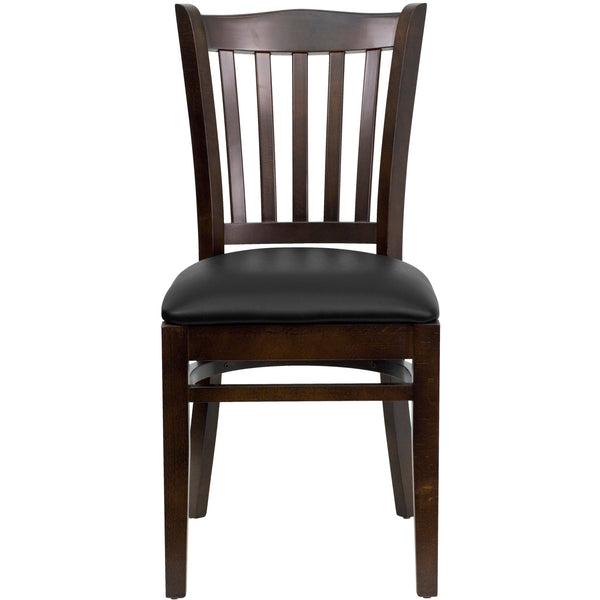 Black Vinyl Seat/Walnut Wood Frame |#| Vertical Slat Back Walnut Wood Restaurant Chair - Black Vinyl Seat