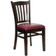 Burgundy Vinyl Seat/Walnut Wood Frame |#| Vertical Slat Back Walnut Wood Restaurant Chair - Burgundy Vinyl Seat