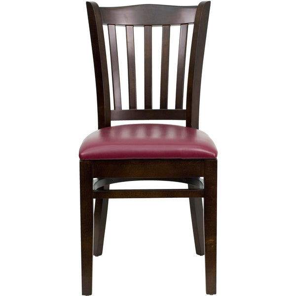 Burgundy Vinyl Seat/Walnut Wood Frame |#| Vertical Slat Back Walnut Wood Restaurant Chair - Burgundy Vinyl Seat