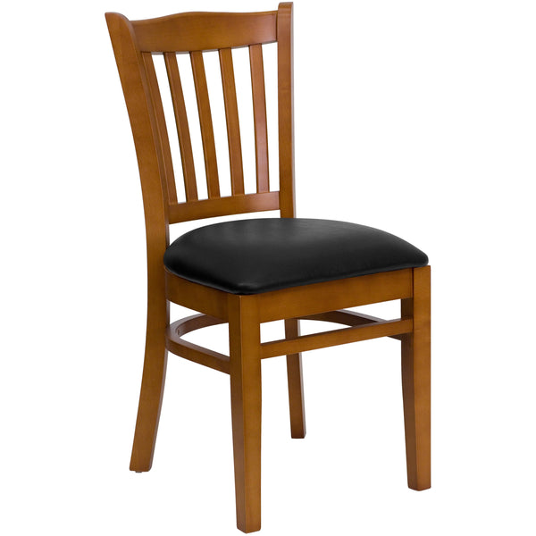 Black Vinyl Seat/Cherry Wood Frame |#| Vertical Slat Back Cherry Wood Restaurant Chair - Black Vinyl Seat