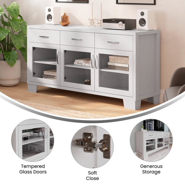 White |#| 59" Engineered Wood Buffet Sideboard Storage Cabinet w/ 3 Drawers, Doors in Wht