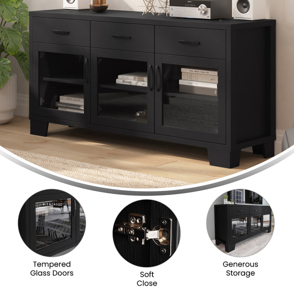 Black |#| 59" Engineered Wood Buffet Sideboard Storage Cabinet w/ 3 Drawers, Doors in Blk