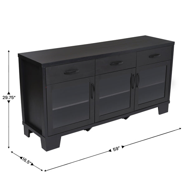 Black |#| 59" Engineered Wood Buffet Sideboard Storage Cabinet w/ 3 Drawers, Doors in Blk