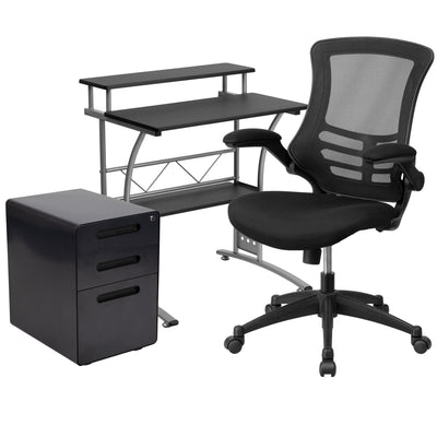 Work From Home Kit - Computer Desk, Ergonomic Mesh Office Chair and Locking Mobile Filing Cabinet with Inset Handles