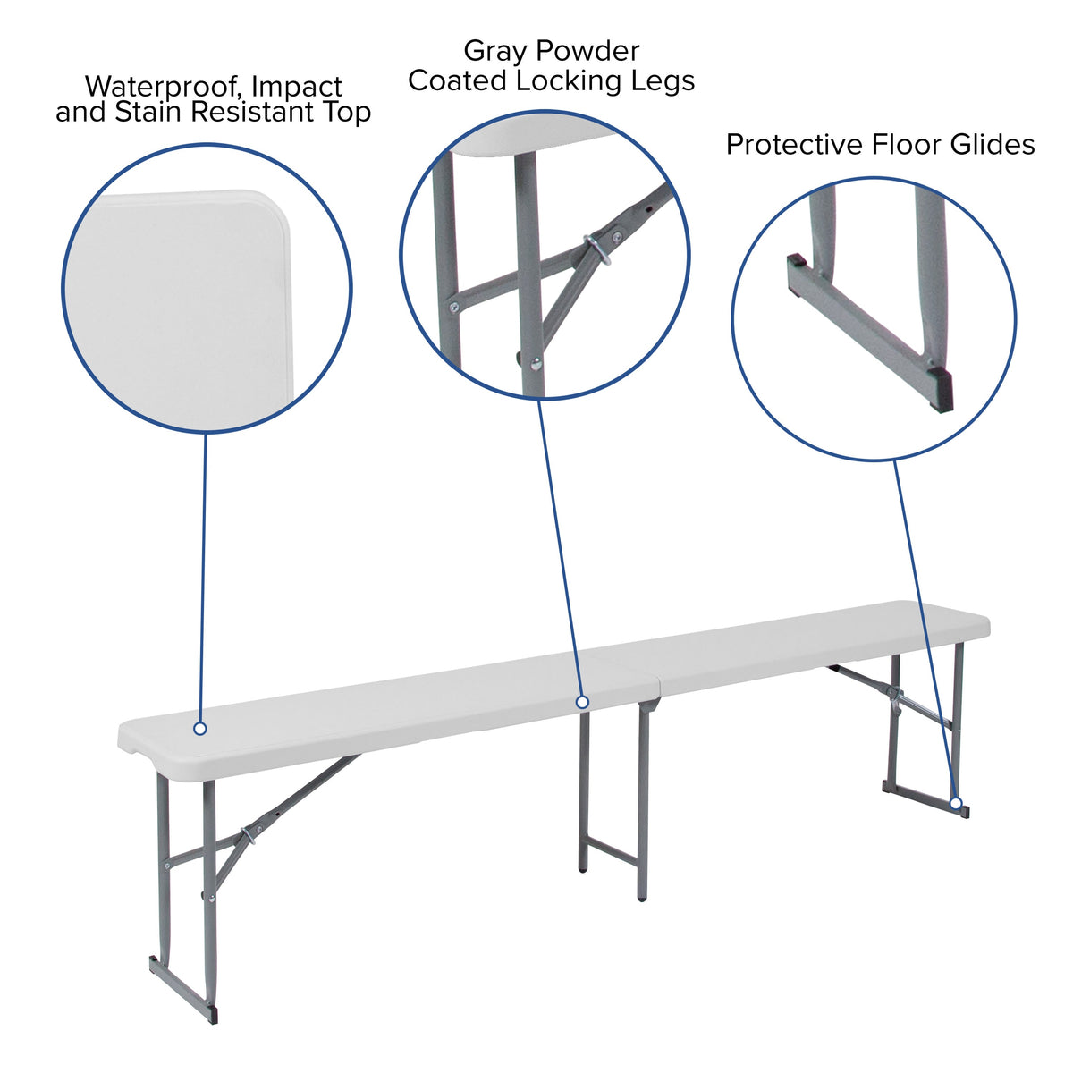 10.25inchW x 71inchL Bi-Fold Granite White Plastic Bench with Carrying Handle