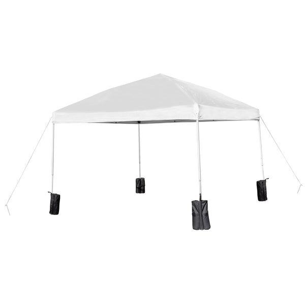 White |#| 10'x10' White Pop Up Straight Leg Canopy Tent With Sandbags and Wheeled Case