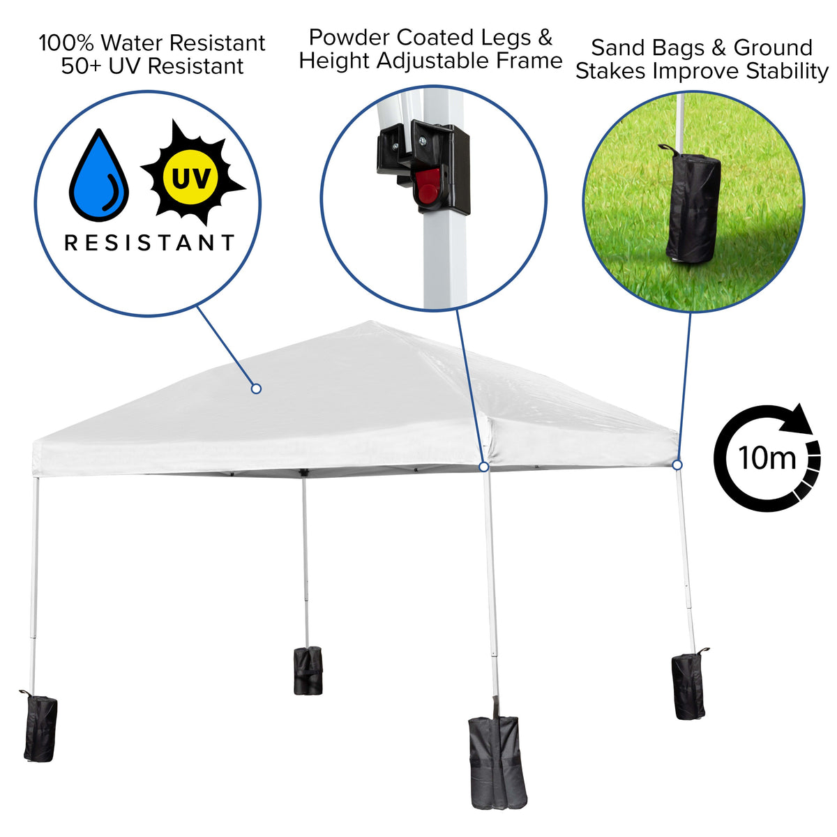 White |#| 10'x10' White Pop Up Straight Leg Canopy Tent With Sandbags and Wheeled Case