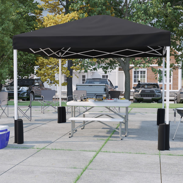 Black |#| 10'x10' Black Pop Up Straight Leg Canopy Tent With Sandbags and Wheeled Case