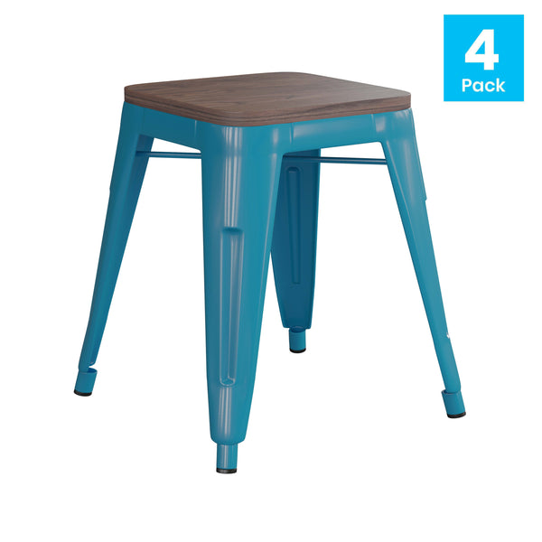 Teal |#| Set of 4 Teal 18inch Table Height Indoor Stackable Metal Stool with Wood Seat