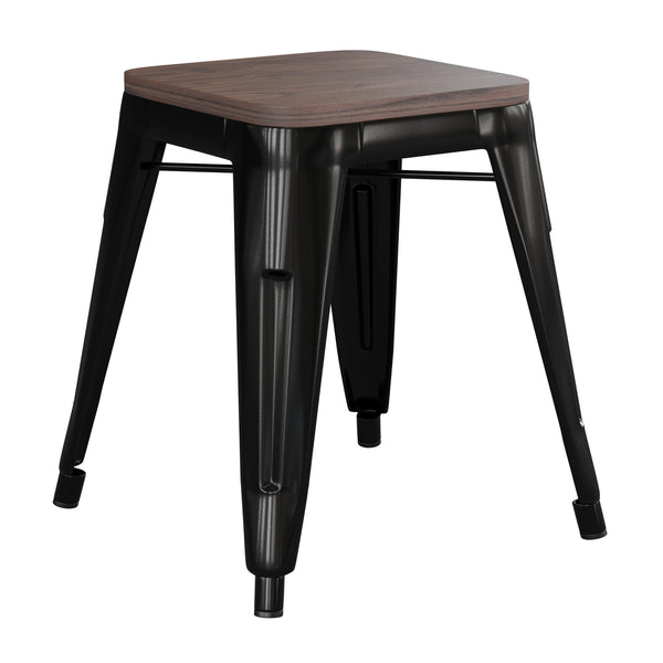 Black |#| Set of 4 Black 18inch Table Height Indoor Stackable Metal Stool with Wood Seat