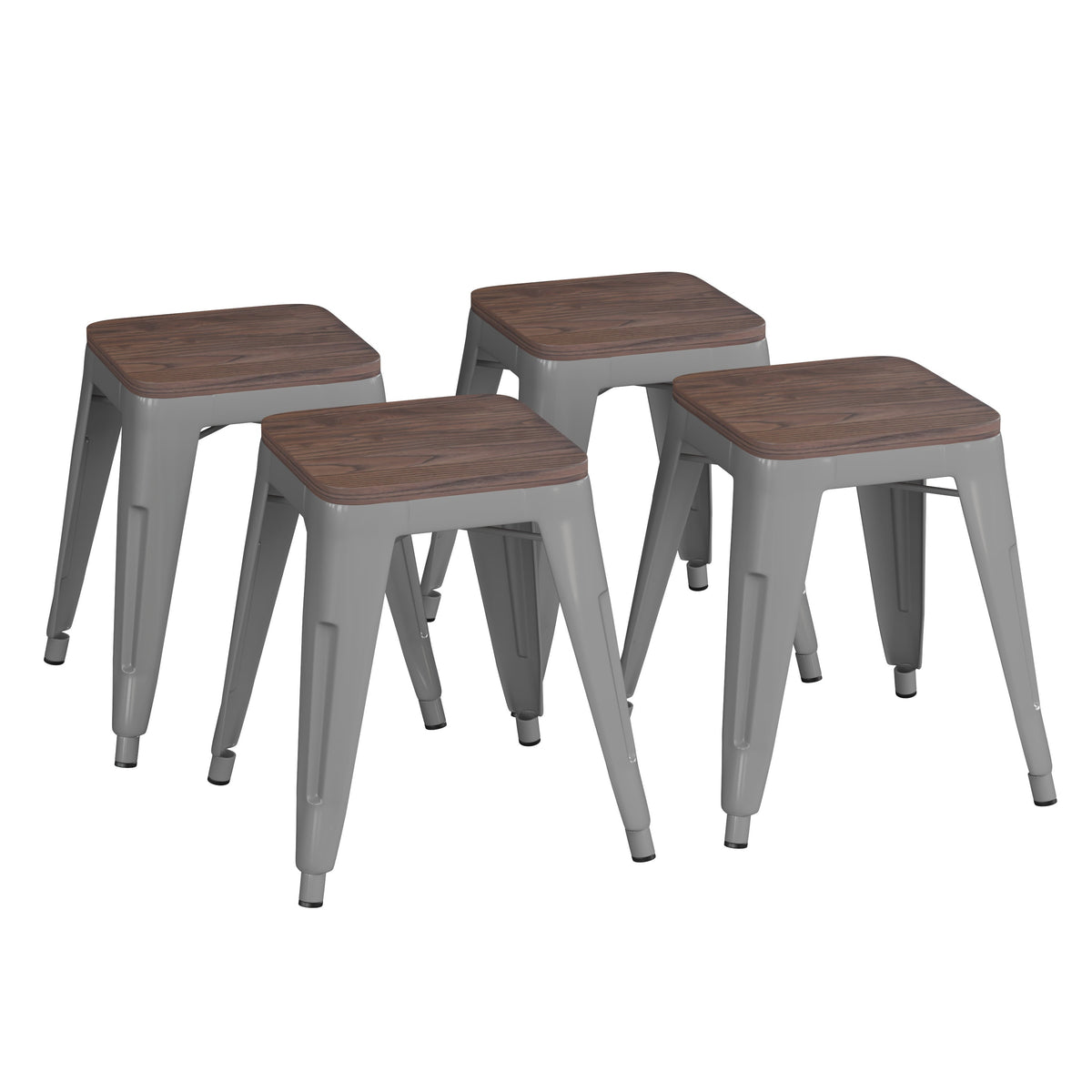 Silver |#| Set of 4 Silver 18inch Table Height Indoor Stackable Metal Stool with Wood Seat