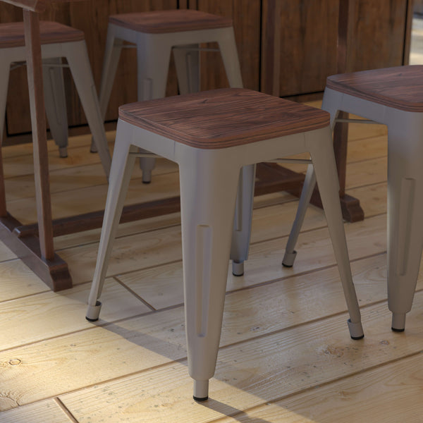 Silver |#| Set of 4 Silver 18inch Table Height Indoor Stackable Metal Stool with Wood Seat