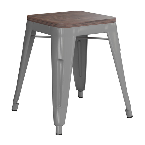 Silver |#| Set of 4 Silver 18inch Table Height Indoor Stackable Metal Stool with Wood Seat