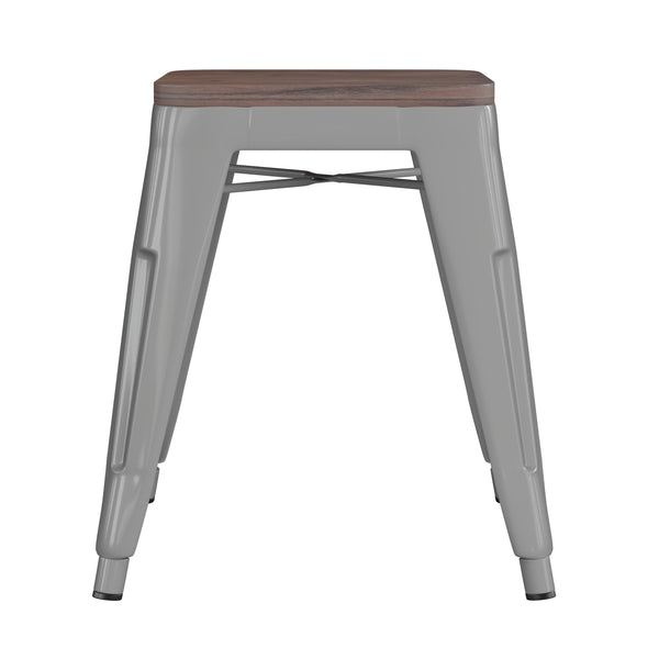 Silver |#| Set of 4 Silver 18inch Table Height Indoor Stackable Metal Stool with Wood Seat