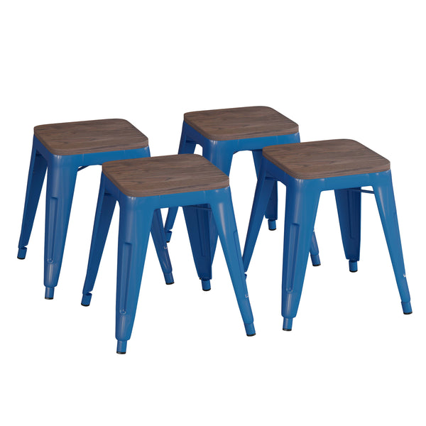 Royal Blue |#| Set of 4 Royal Blue 18inch Table Height Indoor Stackable Metal Stool with Wood Seat